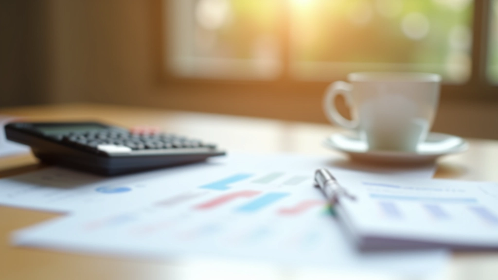 Financial spreadsheet and calculator on wooden desk with sustainability metrics and cost comparison data, morning light, sharp focus