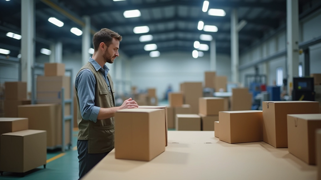 Manufacturing floor with workers operating cardboard box machinery, quality control checkpoints visible, industrial lighting, production environment