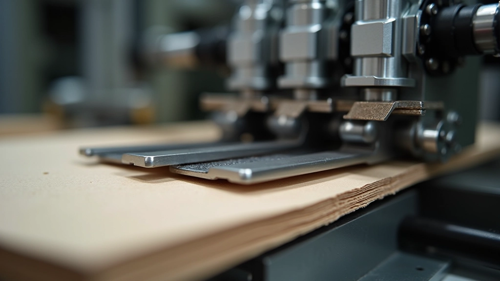 Metal die tool mounted on wooden base showing sharp cutting edges and creasing rules arranged in box pattern