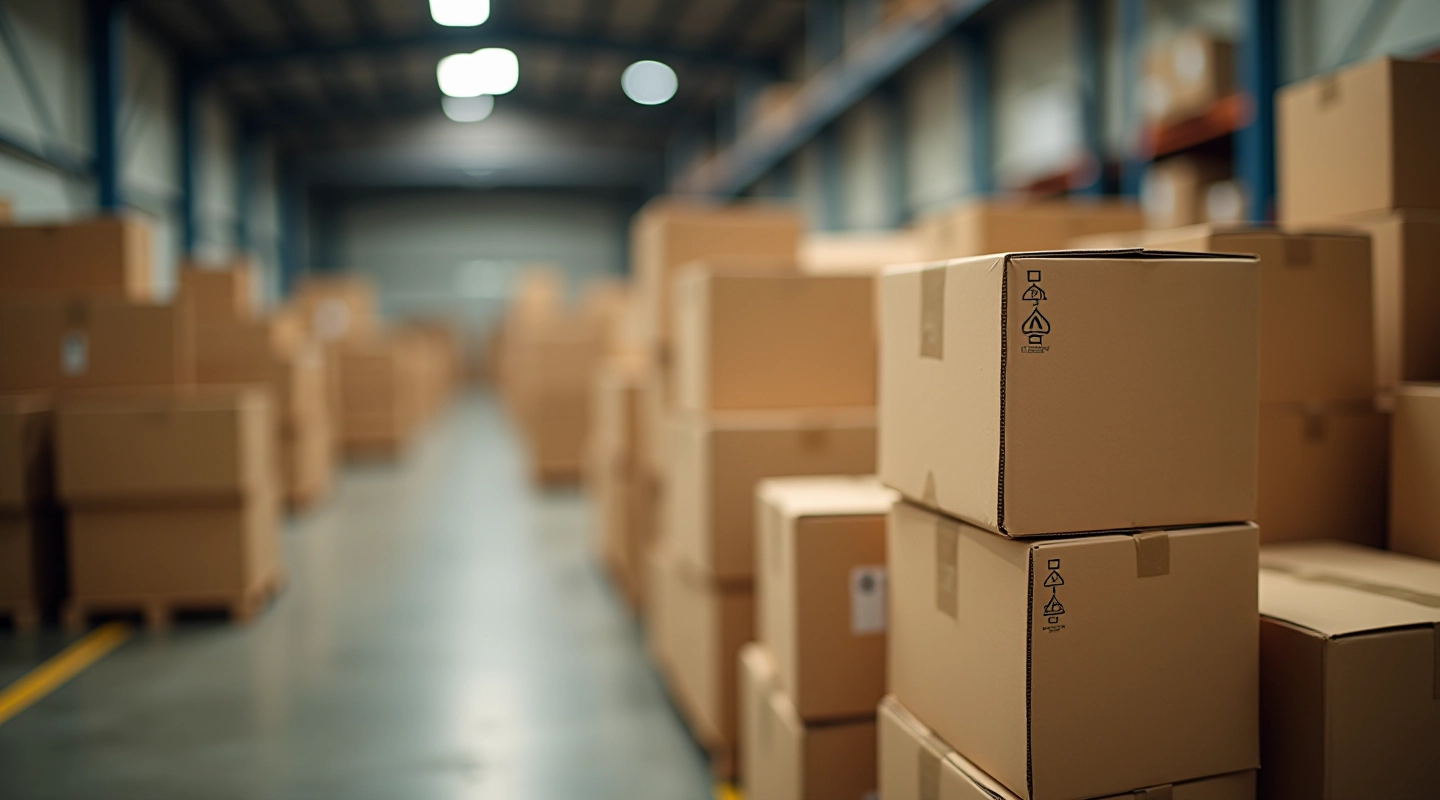 Modern corrugated cardboard boxes stacked in warehouse with quality control labels visible