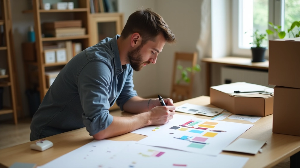 Designer working on custom die-cut box templates with color swatches and layout tools