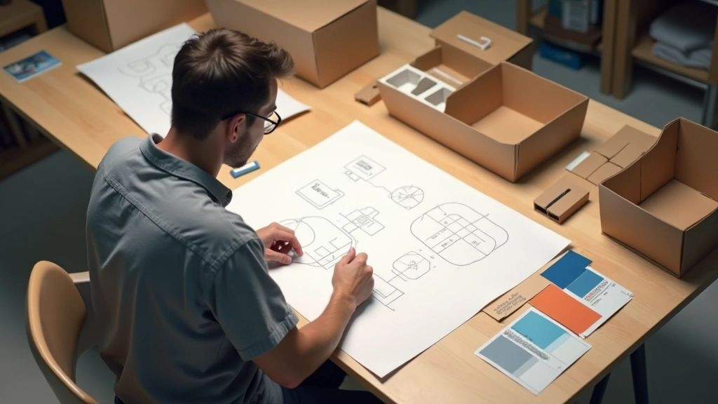 Designer reviewing custom die-cut box templates on drafting table with color samples