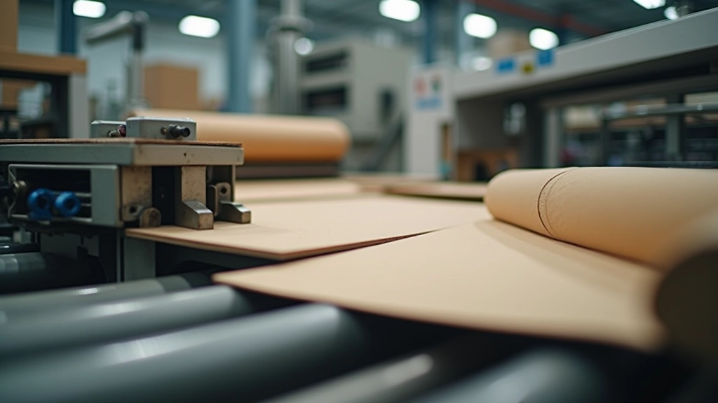 Industrial die-cutting machine with corrugated sheets being fed through rollers, showing stacks of freshly cut boxes on output conveyor