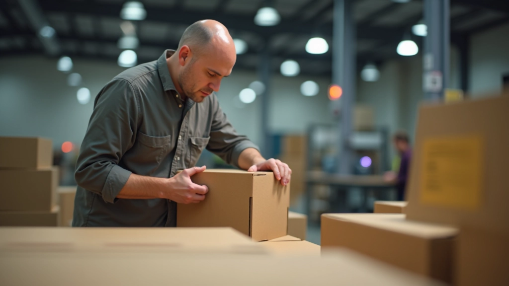 Worker inspecting stack of finished die-cut boxes, checking alignment and edge quality with calipers and visual inspection