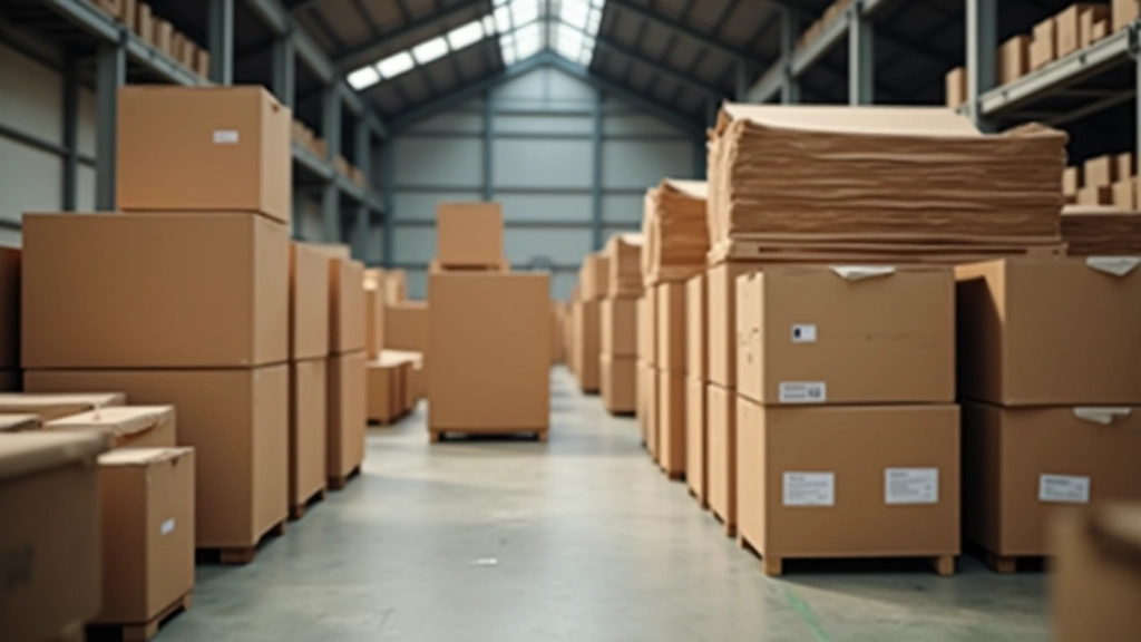 Rolls of recycled corrugated cardboard stacked in warehouse with quality certifications visible on packaging