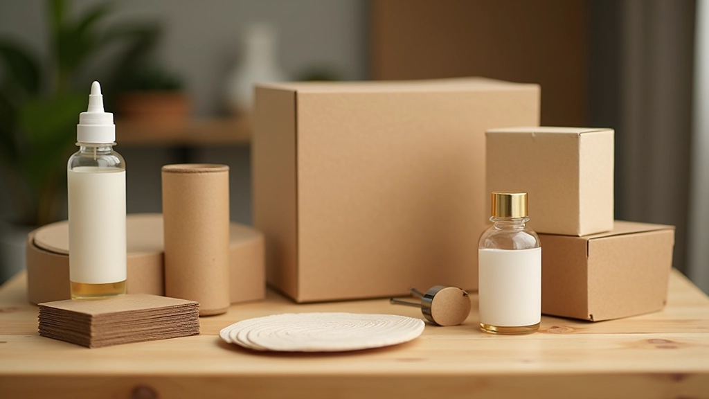 Eco-friendly recycled cardboard materials and sustainable packaging samples on work surface