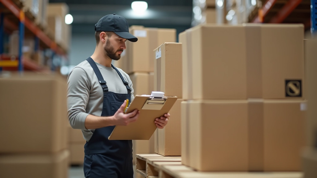 Warehouse worker stacking corrugated boxes on pallet with quality inspection tags visible